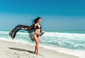 women, Slava Kol, belly, black bikini, sea, sand, beach, women outdoors, sky, hips, ribs