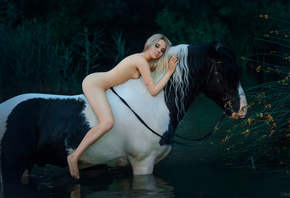 women, nude, blonde, horse, river, ass, women outdoors, nature, water, boob ...