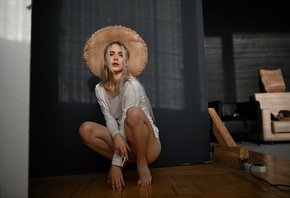 women, hat, ass, panties, women indoors, squatting, wooden floor, white hair, long hair