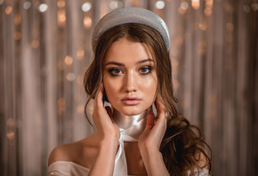 women, face, portrait, pink lipstick, long hair, ribbon, bare shoulders, brown eyes