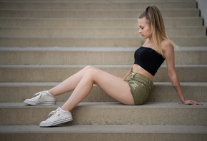 women, sitting, jean shorts, ponytail, stairs, blonde, White socks, sneaker ...