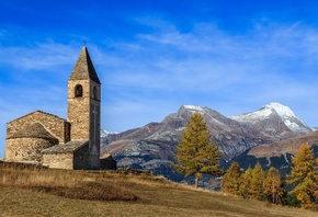 Небо, Горы, Церковь, Франция, La chapelle Saint-Pierre, Savoie, Природа