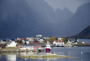 Норвегия, залив, городок, горы