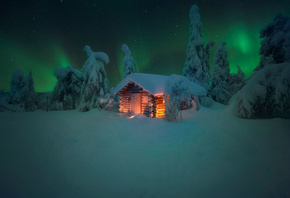 Андрей Базанов, природа, пейзаж, зима, снег, деревья, ели, домик, избушка,  ...
