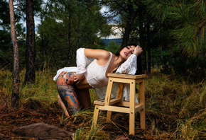 women, closed eyes, kneeling, tattoo, trees, women outdoors, tank top, blac ...