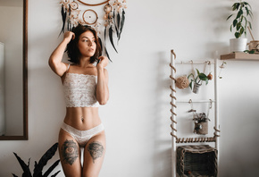 women, white lingerie, the gap, mirror, belly, pierced navel, plants, women indoors, brunette, tattoo, wall, ropes, hips, feathers, reflection, looking away