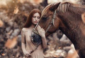 девушка, листья, лошадь, Alessandro Di cicco