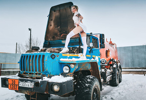 women, Anton Harisov, ass, white stockings, snow, tattoo, pink panties, blo ...