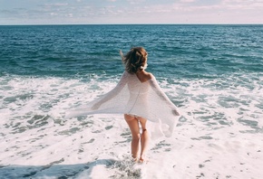 women, back, ass, sea, women outdoors, brunette, sky, clouds