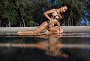 women, bikini, brunette, animal print, trees, water, reflection, kneeling, women outdoors, red lipstick, tattoo, belly, ribs, wet hair, wet body