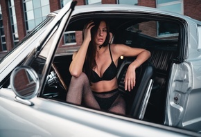 women, Ford, black lingerie, brunette, women with cars, sitting, fishnet pantyhose, fishnet, belly, Ford Mustang, building