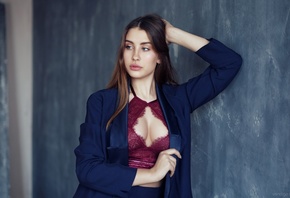 women, portrait, wall, women indoors, looking away, pink lipstick, gray eyes