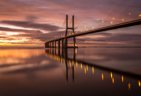 мост, Vasco da Gama, Португалия, утро, рассвет, река