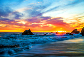 ocean, waves, sunset, , 