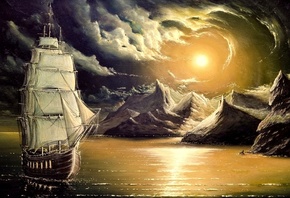 корабль, море, паруса, горы