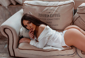 Alina Gorokhova, women, ass, brunette, couch, lying on front, women indoors, finger on lips, white shirt, white panties, juicy lips, necklace