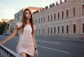 women, Model, Redhead, Long Hair, Women Outdoors, Dress, Looking Away, Open Mouth, Road, Building, Street, Depth Of Field, Karina