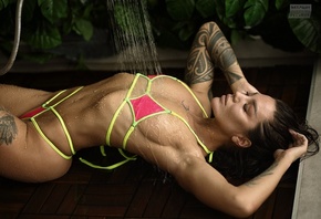 women, ribs, bikini, armpits, tattoo, lying on back, wet body, belly, shower, closed eyes, plants, leaves, brunette, wet hair