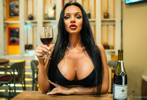 women, drinking glass, portrait, Dmitry Filatov, long hair, black hair, red lipstick, big boobs, brunette, wine, bottles, white nails