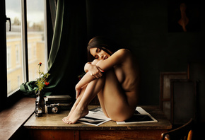 women, nude, brunette, sitting, window, red nails, Dmitry Arhar, books, des ...
