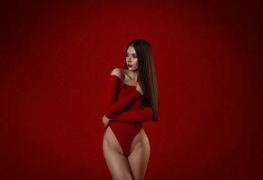 women, bodysuit, hips, Studio, straight hair, red lipstick, makeup, looking away, red background, simple background, brunette