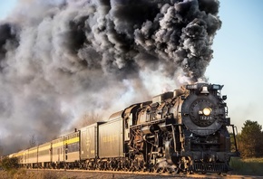 поезд, вагоны, паровоз, дым
