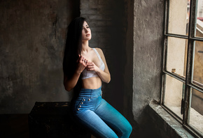 women, jeans, sitting, window, wall, white bra, long hair, women indoors