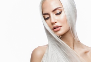 women, white hair, eyeliner, juicy lips, white background, face, portrait, simple background, straight hair