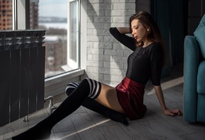 women, sitting, black stockings, window, building, on the floor, skinny, women indoors, closed eyes, red skirt