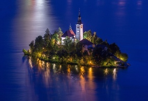 вода, пейзаж, природа, озеро, вечер, освещение, церковь, островок, Словения, Lake Bled, Бледское озеро, Блед