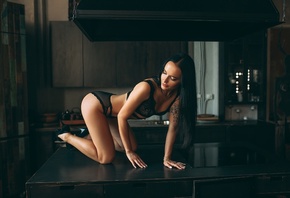 women, brunette, black lingerie, women indoors, high heels, ass, tattoo, kitchen, cleavage, kneeling