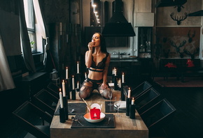 women, brunette, black lingerie, women indoors, kneeling, spoon, plates, drinking glass, closed eyes, food, table, chair, kitchen, window, pierced navel, belly, tattoo, candles, fork, wooden floor, cleavage