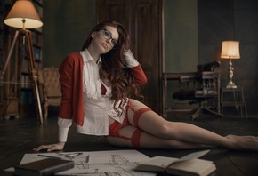 women, lamp, women indoors, sitting, women with glasses, books, pen, wooden floor, on the floor, red sweater, red panties, garter belt, long hair, red lingerie