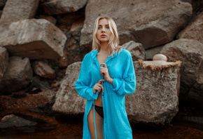 women, blonde, rocks, women outdoors, black panties, water, blue dress, brunette