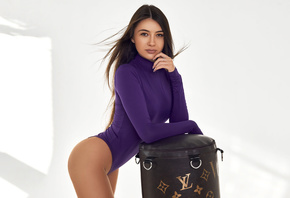 women, Roma Chernotitckiy, bodysuit, ass, brunette, Studio, leotard, long hair, purple clothing, simple background