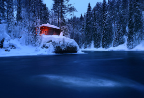 природа, пейзаж, зима, лес, снег, деревья, река, избушка, хижина, Финляндия ...