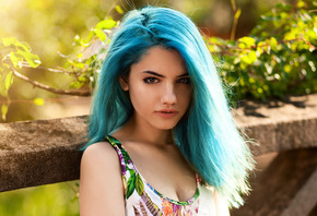 women, Delaia Gonzalez, dyed hair, blue hair, face, portrait, women outdoors