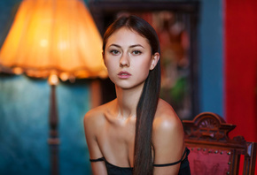 women, Catherine Timokhina, Maxim Maximov, long hair, chair, lamp, women in ...