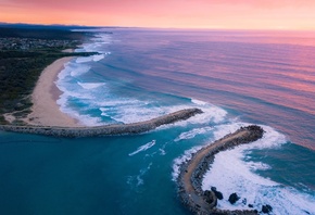 Розовый закат, океан, берег, природа Розовый закат, океан, берег, природа