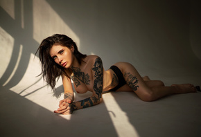 women, Studio, tattoo, brunette, women indoors, black panties, skinny, topl ...