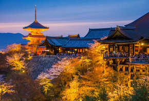 пейзаж, горы, природа, весна, вечер, Япония, сакура, освещение, храм, пагода, цветение, Киото, Ханами, Хигасияма