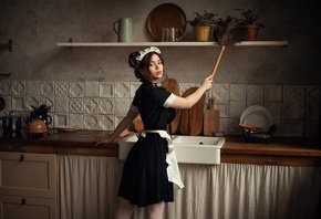 women, Dmitry Arhar, maid outfit, kitchen, women indoors, fishnet stockings ...