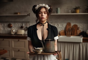 women, Dmitry Arhar, maid outfit, kitchen, women indoors, hairbun, cleavage ...