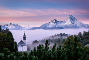 горы, туман, утро, Германия, Бавария, Альпы, церковь, леса, Berchtesgaden, Берхтесгаден, Вацманн