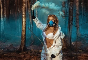 women, Nikolas Verano, trees, white lingerie, smoke, women outdoors, brunet ...