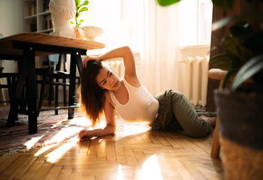women, pants, on the floor, table, chair, bust, plants, women indoors, wooden floor, necklace, brown eyes, brunette, window