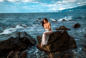 women, sea, brunette, rocks, sky, women outdoors, topless, sitting, white d ...