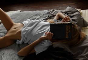 women, books, white t-shirt, in bed, belly, skinny, pillow, covering face,  ...
