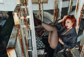 women, redhead, ass, shoes, red lipstick, eyeliner, sitting, coats, plaid, fishnet