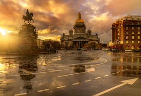 солнце, лучи, город, здания, Питер, площадь, Санкт-Петербург, памятник, соб ...